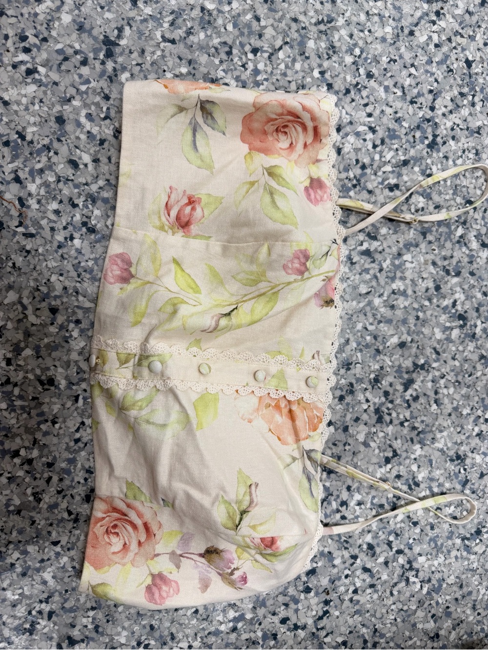 Caroline Constas Cream Floral Lace-Trim Crop Top with Pink Roses